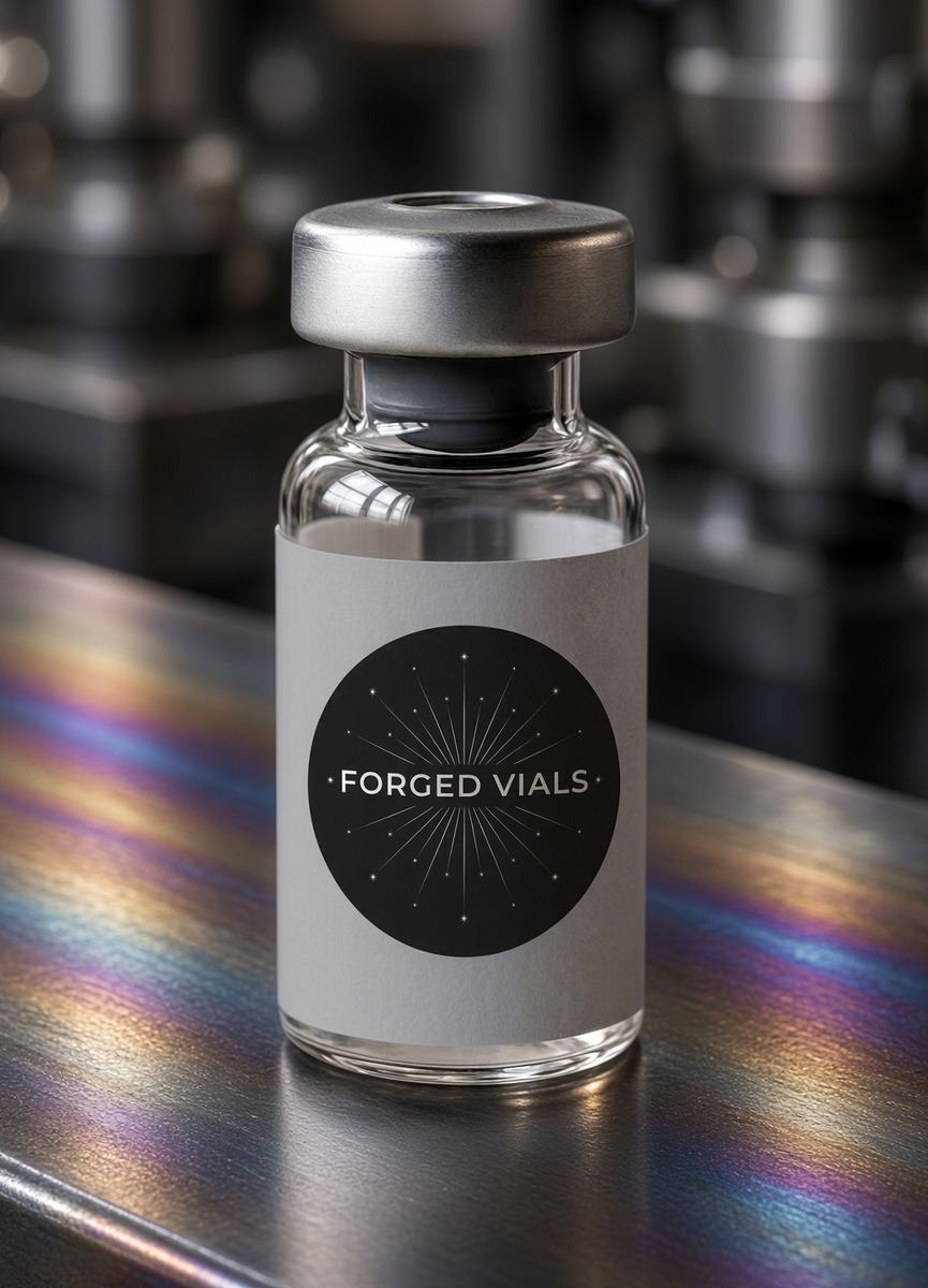 Empty research vial with ForgedVials label.