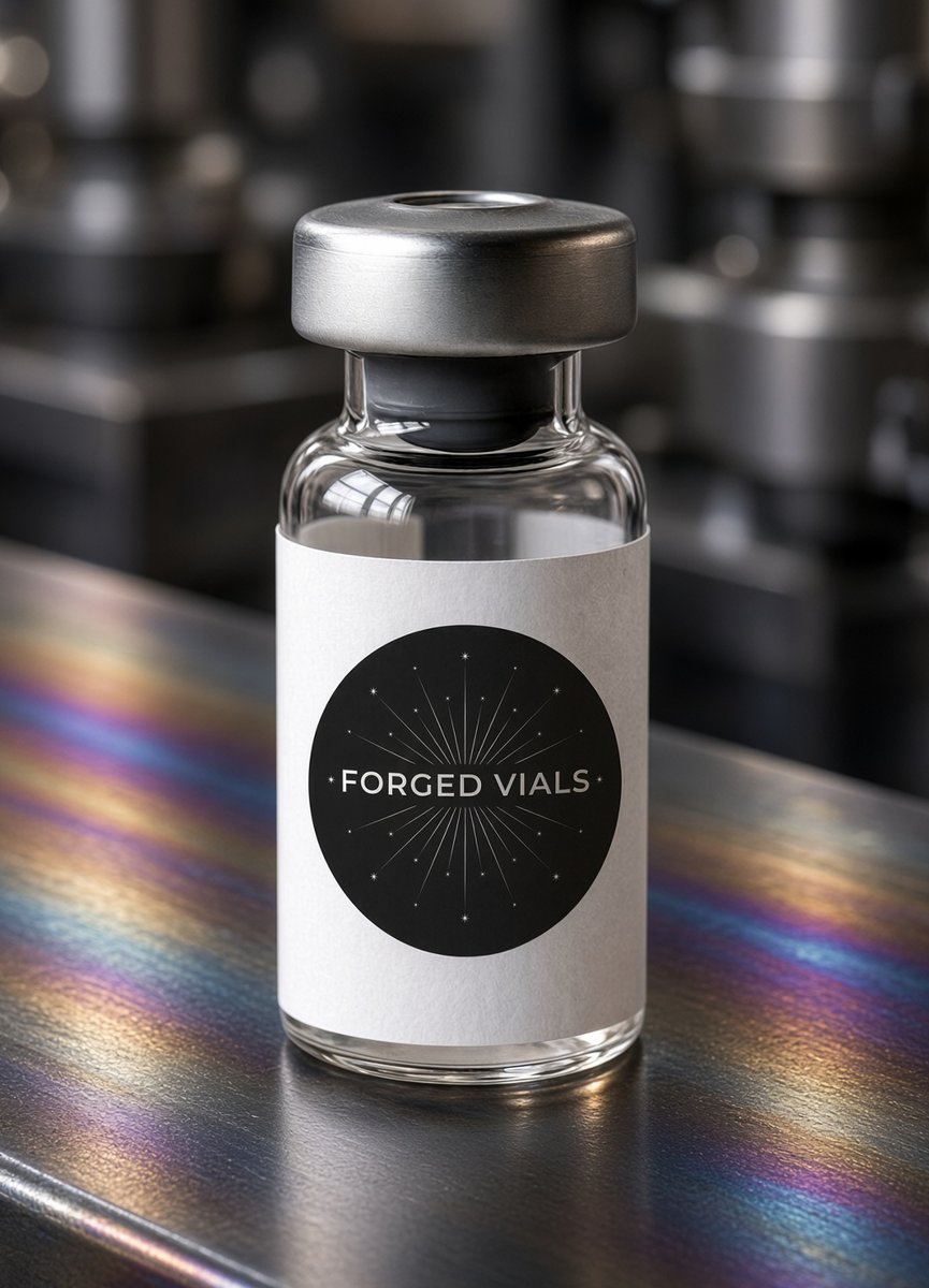 Empty research vial with ForgedVials label.